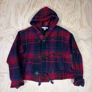 The Limited Vintage Wool Plaid Toggle Coat Hooded Jacket Red Purple Green USA L